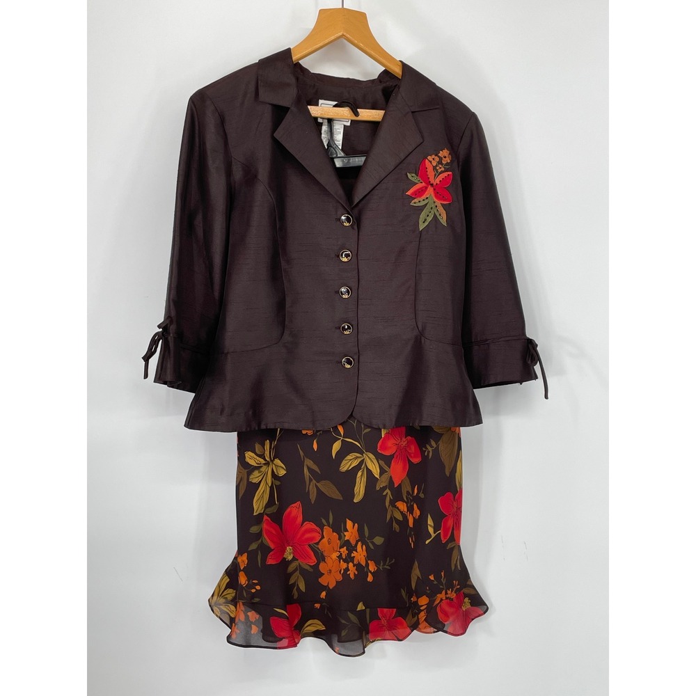 Karin Stevens Skirt Suit 12 Fall Blazer Set Brown Floral Embroidered Ruffle